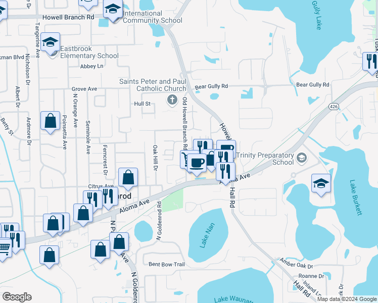 map of restaurants, bars, coffee shops, grocery stores, and more near 7700 Country Place in Winter Park