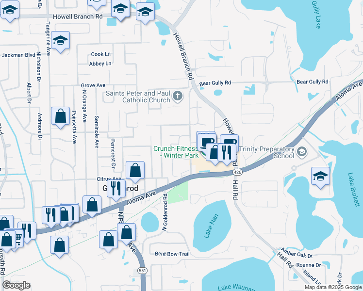map of restaurants, bars, coffee shops, grocery stores, and more near 5160 Lazy Oaks Drive in Winter Park
