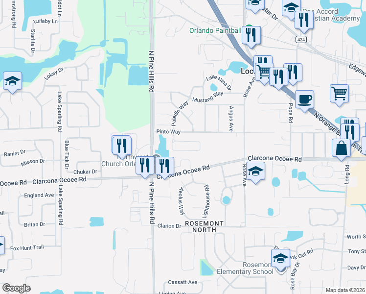 map of restaurants, bars, coffee shops, grocery stores, and more near 5303 Regal Oak Circle in Orlando
