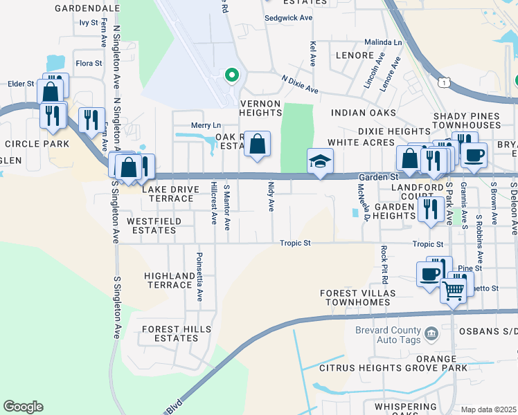 map of restaurants, bars, coffee shops, grocery stores, and more near 2280 Grove Street in Titusville