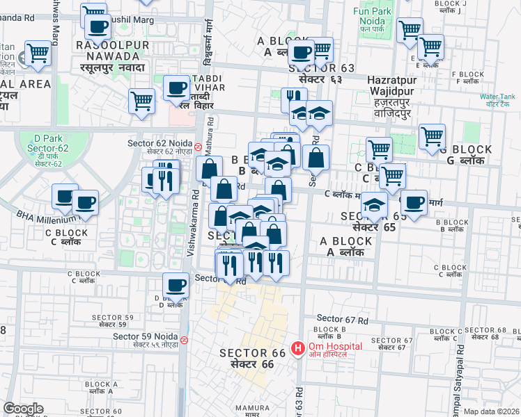 map of restaurants, bars, coffee shops, grocery stores, and more near B Block Road in Noida