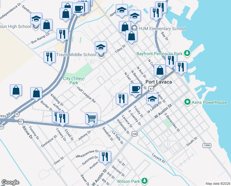 map of restaurants, bars, coffee shops, grocery stores, and more near 609 West Mahan Street in Port Lavaca