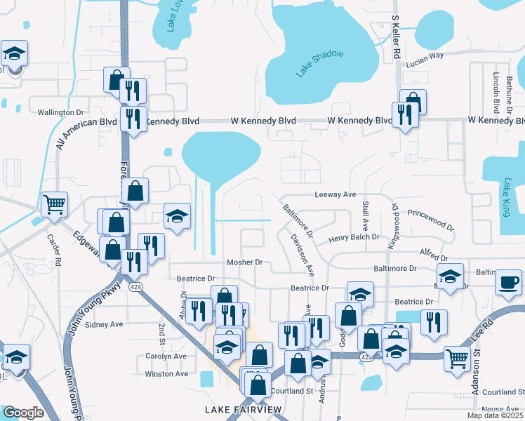 map of restaurants, bars, coffee shops, grocery stores, and more near Moat Court in Orlando