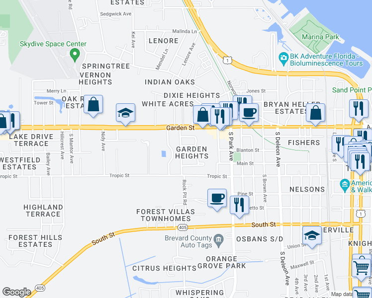 map of restaurants, bars, coffee shops, grocery stores, and more near 1795 South Lilac Circle in Titusville