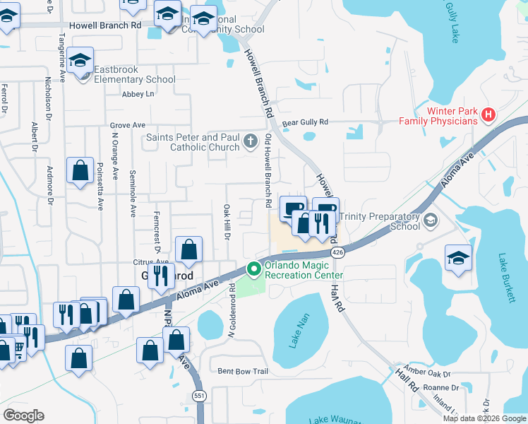 map of restaurants, bars, coffee shops, grocery stores, and more near 5160 Lazy Oaks Drive in Winter Park