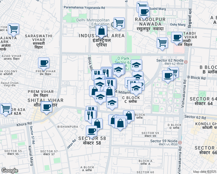 map of restaurants, bars, coffee shops, grocery stores, and more near in Noida