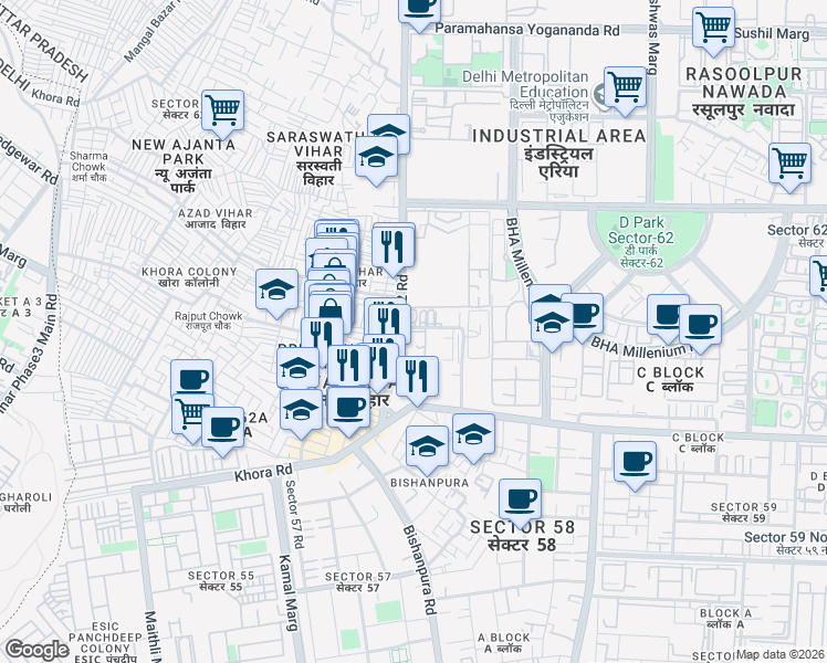 map of restaurants, bars, coffee shops, grocery stores, and more near in Noida