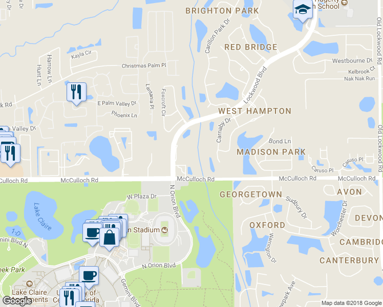 map of restaurants, bars, coffee shops, grocery stores, and more near 1680 McCulloch Road in Oviedo