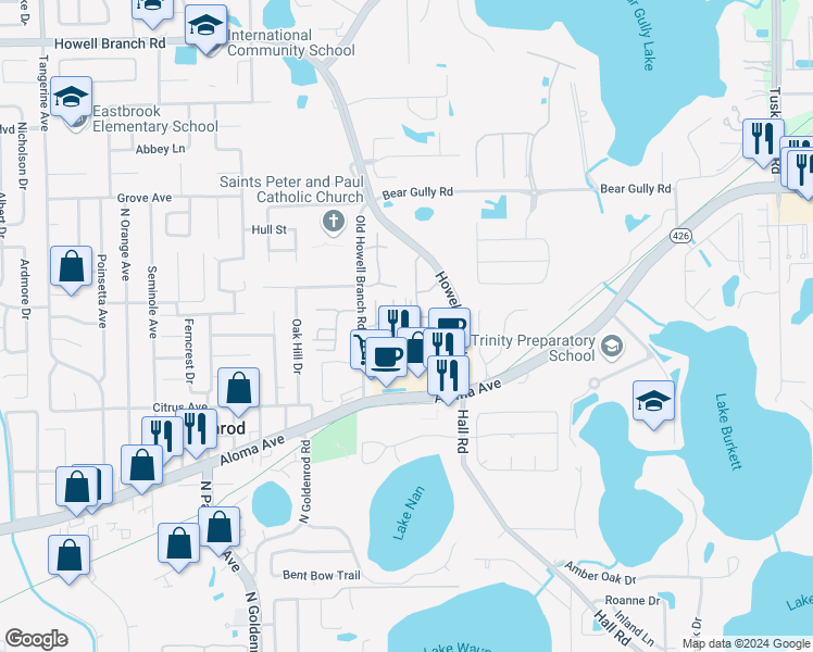 map of restaurants, bars, coffee shops, grocery stores, and more near 7781 Country Place in Winter Park