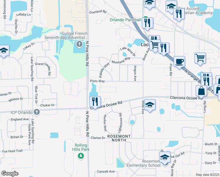map of restaurants, bars, coffee shops, grocery stores, and more near 5307 Regal Oak Circle in Orlando
