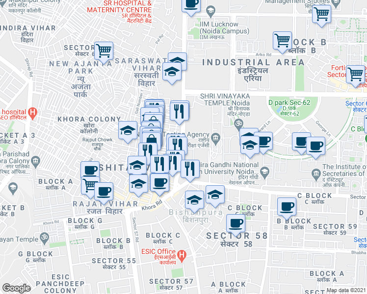 map of restaurants, bars, coffee shops, grocery stores, and more near in Noida