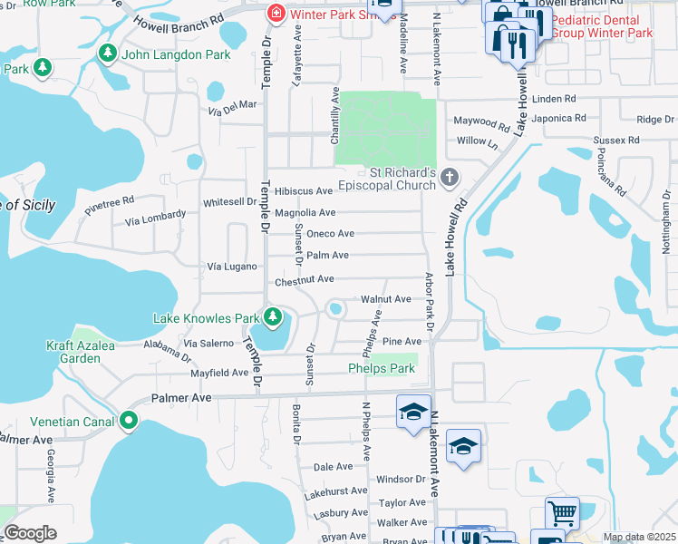 map of restaurants, bars, coffee shops, grocery stores, and more near 1531 Chestnut Avenue in Winter Park