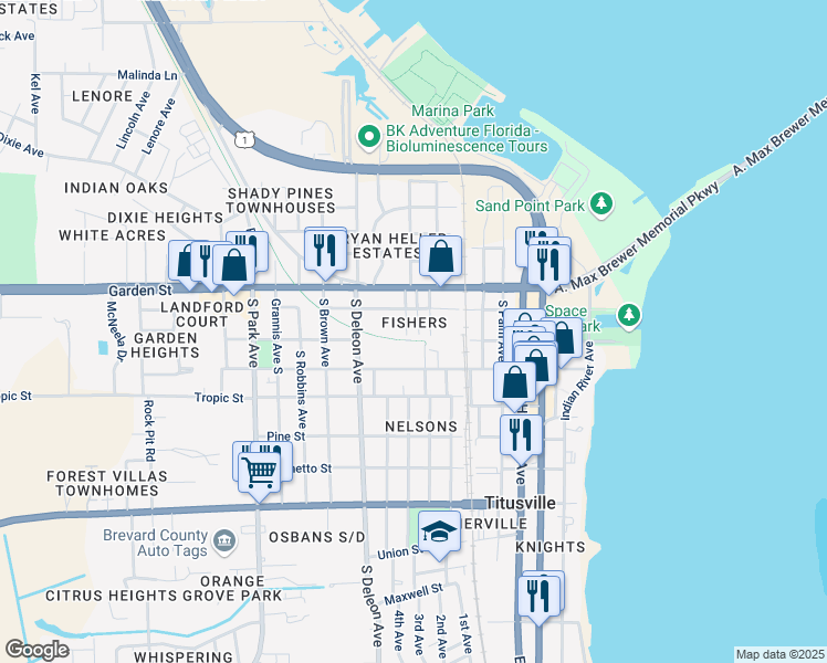map of restaurants, bars, coffee shops, grocery stores, and more near 175 Fisher Avenue in Titusville