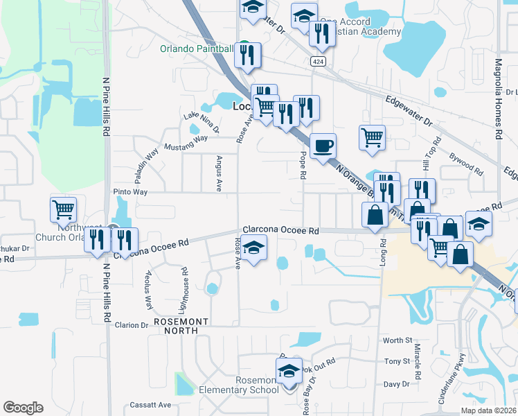 map of restaurants, bars, coffee shops, grocery stores, and more near 4925 Clarcona Ocoee Road in Orlando