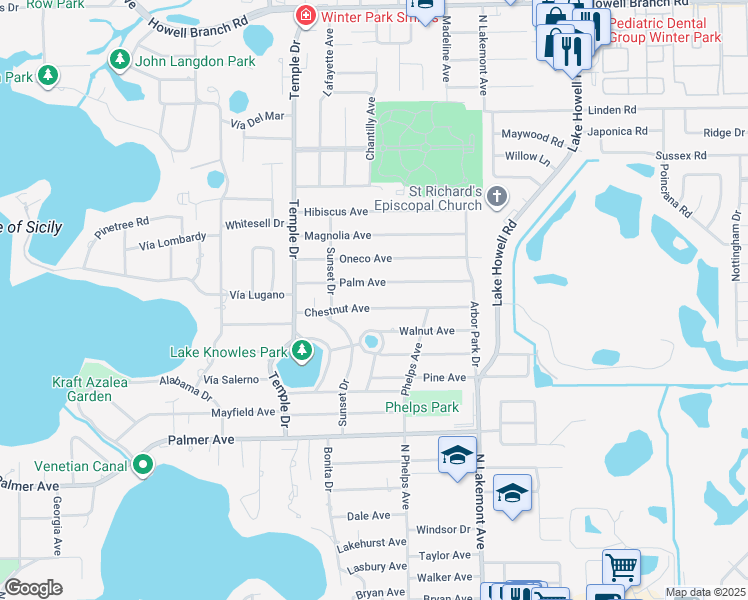 map of restaurants, bars, coffee shops, grocery stores, and more near 1531 Chestnut Avenue in Winter Park