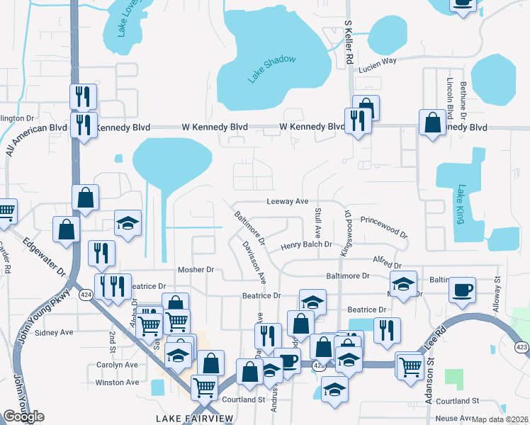 map of restaurants, bars, coffee shops, grocery stores, and more near 5718 Eggleston Avenue in Orlando