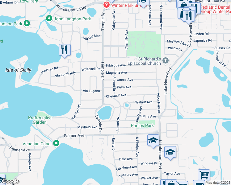 map of restaurants, bars, coffee shops, grocery stores, and more near 1700 Sunset Drive in Winter Park