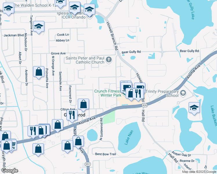 map of restaurants, bars, coffee shops, grocery stores, and more near 5162 Lazy Oaks Drive in Winter Park