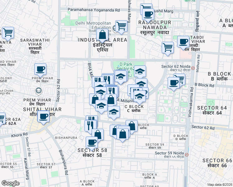 map of restaurants, bars, coffee shops, grocery stores, and more near in Noida