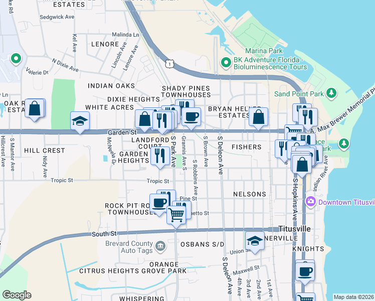 map of restaurants, bars, coffee shops, grocery stores, and more near 117 Grannis Avenue South in Titusville