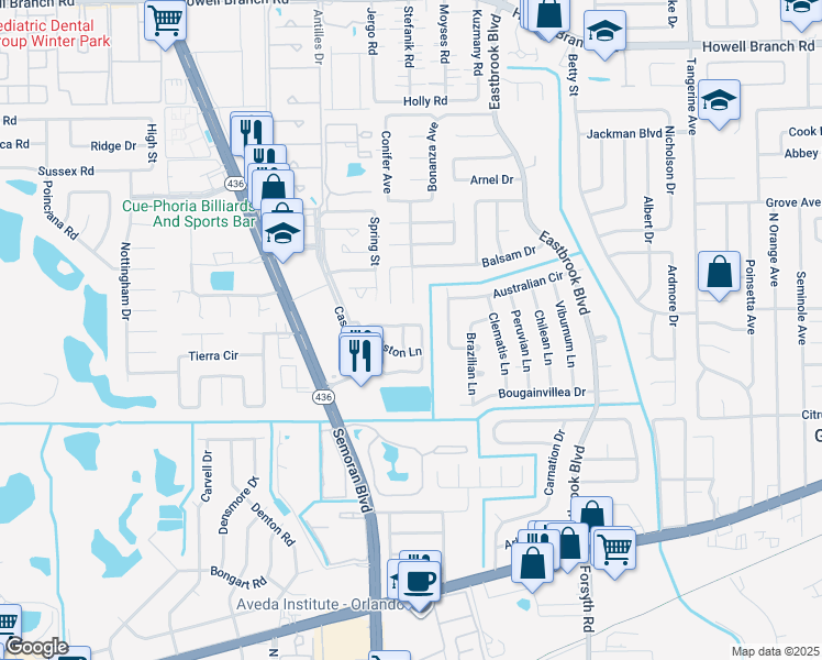 map of restaurants, bars, coffee shops, grocery stores, and more near 3335 Hamlet Loop in Winter Park