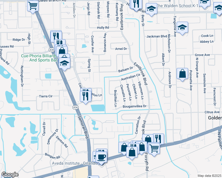 map of restaurants, bars, coffee shops, grocery stores, and more near 1710 Puritan Avenue in Winter Park
