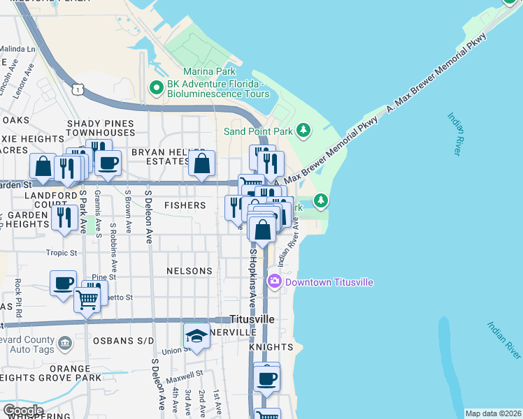 map of restaurants, bars, coffee shops, grocery stores, and more near 113 S Hopkins Ave in Titusville