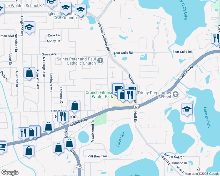 map of restaurants, bars, coffee shops, grocery stores, and more near 7700 Country Place in Winter Park