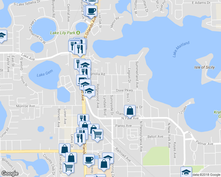 map of restaurants, bars, coffee shops, grocery stores, and more near 1571 Sunnyside Drive in Maitland