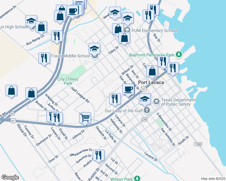 map of restaurants, bars, coffee shops, grocery stores, and more near 609 West Mahan Street in Port Lavaca