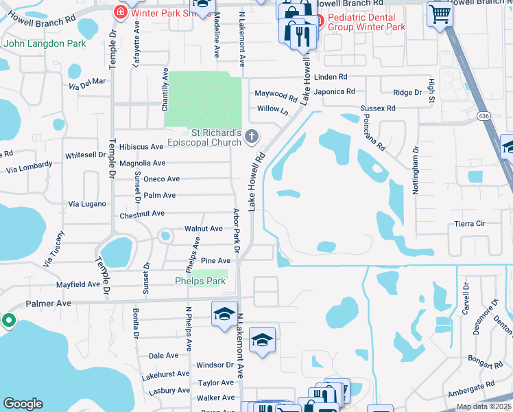 map of restaurants, bars, coffee shops, grocery stores, and more near 5068 Lake Howell Road in Winter Park