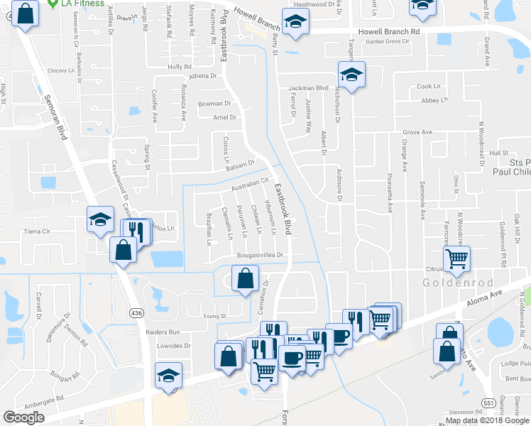 map of restaurants, bars, coffee shops, grocery stores, and more near 1652 Viburnum Lane in Winter Park
