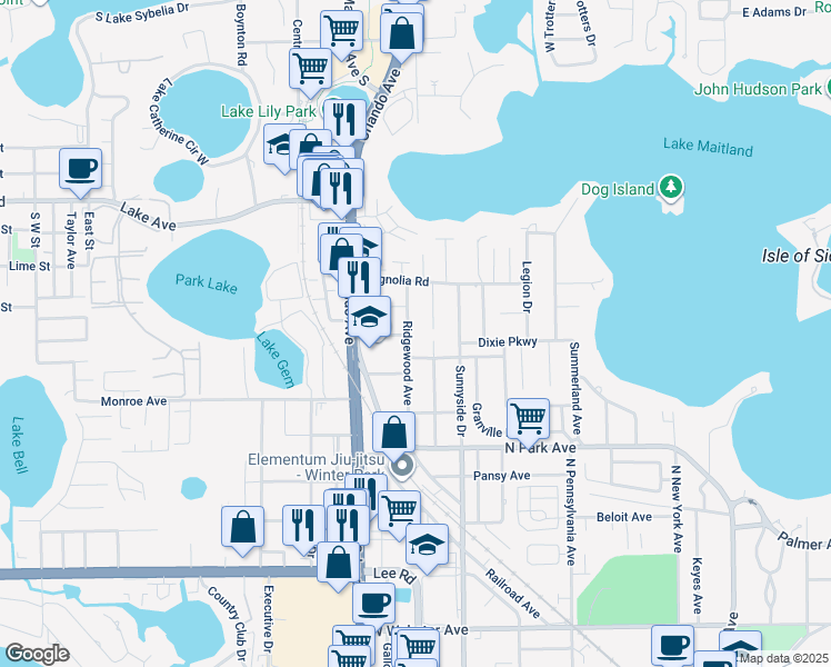 map of restaurants, bars, coffee shops, grocery stores, and more near 1566 Ridgewood Avenue in Maitland