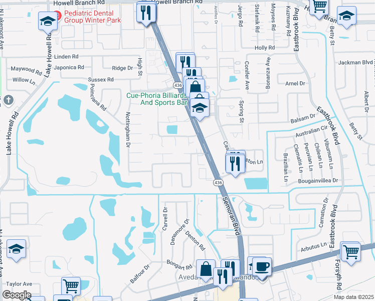 map of restaurants, bars, coffee shops, grocery stores, and more near 2813 Casa Aloma Way in Winter Park