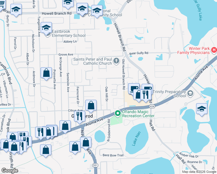 map of restaurants, bars, coffee shops, grocery stores, and more near 5133 Oak Hill Drive in Winter Park