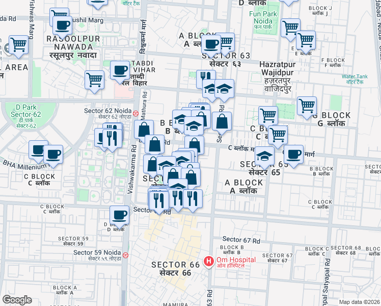 map of restaurants, bars, coffee shops, grocery stores, and more near A-6 A Block Road in Noida