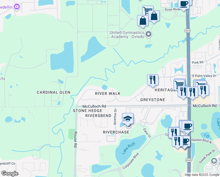 map of restaurants, bars, coffee shops, grocery stores, and more near 3821 River Hollow Court in Oviedo