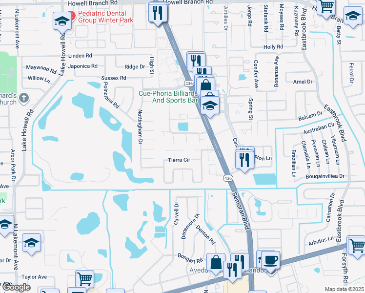 map of restaurants, bars, coffee shops, grocery stores, and more near 2631 Verde Lane in Winter Park