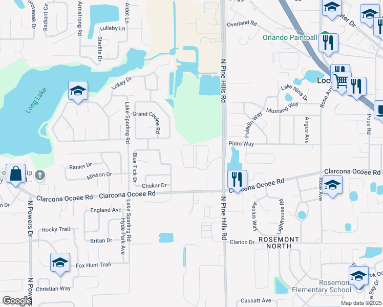 map of restaurants, bars, coffee shops, grocery stores, and more near 5500 Clarcona Pointe Way in Orlando