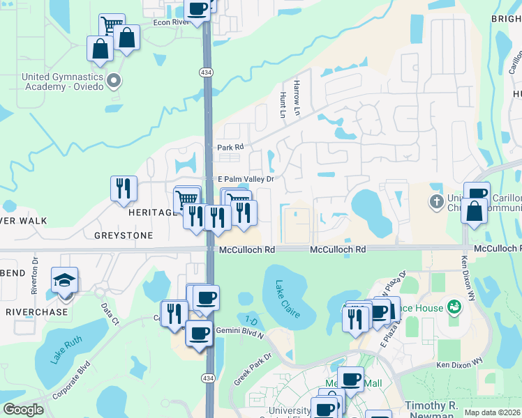 map of restaurants, bars, coffee shops, grocery stores, and more near 4146 Shadow Creek Circle in Oviedo