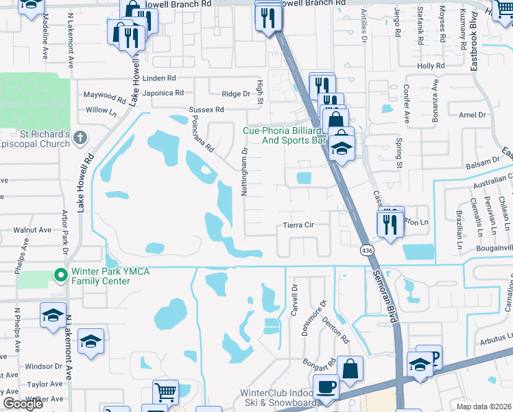 map of restaurants, bars, coffee shops, grocery stores, and more near 2215 King Charles Court in Winter Park