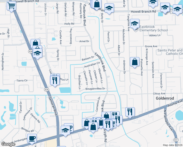 map of restaurants, bars, coffee shops, grocery stores, and more near 1696 Peruvian Lane in Winter Park