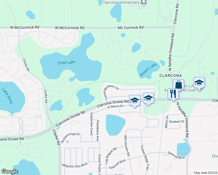 map of restaurants, bars, coffee shops, grocery stores, and more near 2165 Laurel Blossom Circle in Ocoee
