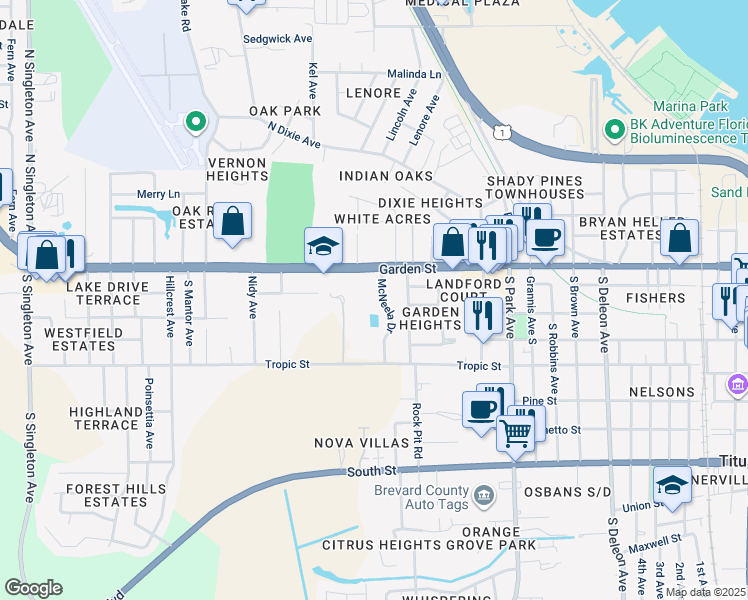 map of restaurants, bars, coffee shops, grocery stores, and more near 118 McNeela Drive in Titusville
