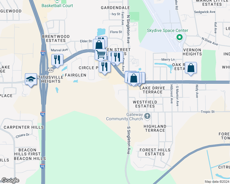 map of restaurants, bars, coffee shops, grocery stores, and more near 100 South Singleton Avenue in Titusville