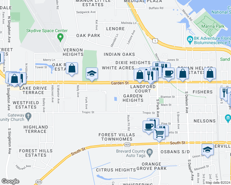 map of restaurants, bars, coffee shops, grocery stores, and more near 118 McNeela Drive in Titusville