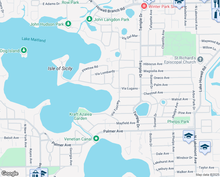 map of restaurants, bars, coffee shops, grocery stores, and more near 866 Vía Lugano in Winter Park