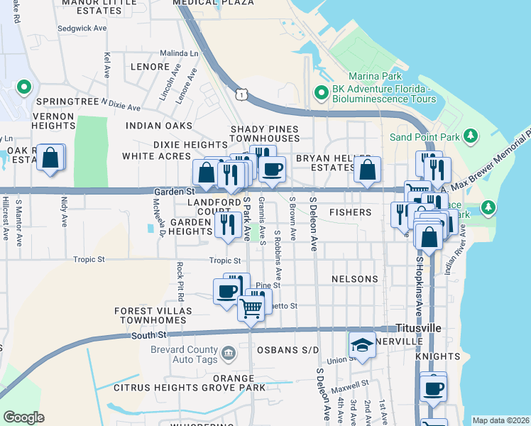 map of restaurants, bars, coffee shops, grocery stores, and more near 1116 Blanton Street in Titusville