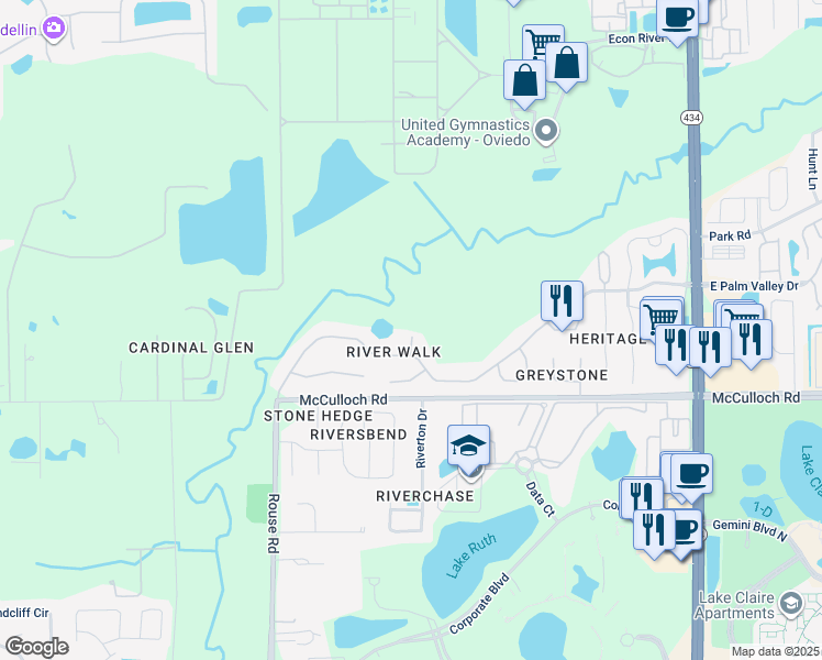 map of restaurants, bars, coffee shops, grocery stores, and more near 3821 River Hollow Court in Oviedo