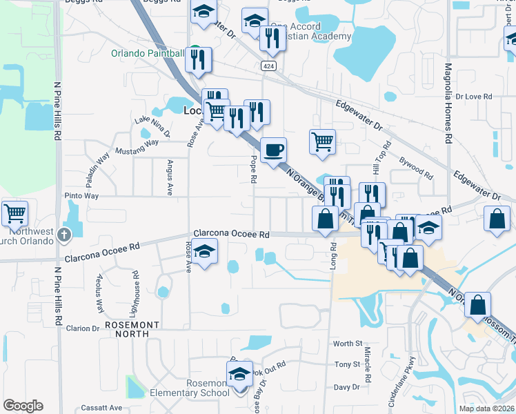map of restaurants, bars, coffee shops, grocery stores, and more near 5201 Pope Road in Orlando